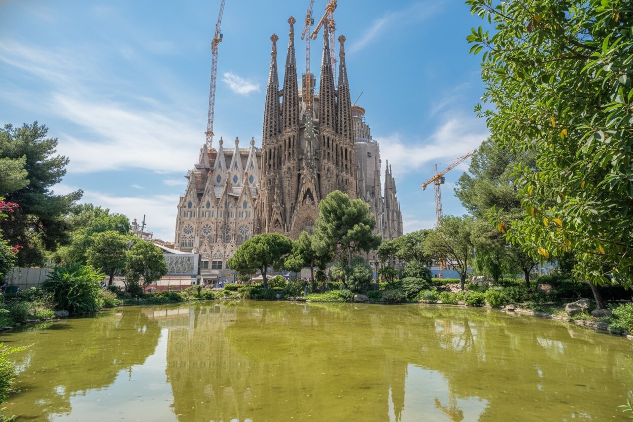 Park przy Sagrada Família z odbiciem w stawie